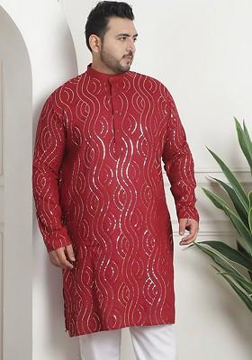 Maroon Embroidered Poly Blend Kurta For Men