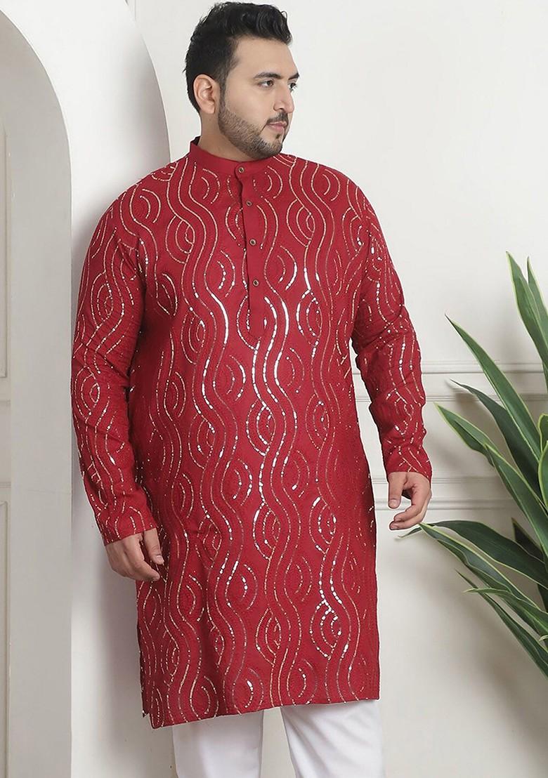 Maroon Embroidered Poly Blend Kurta For Men