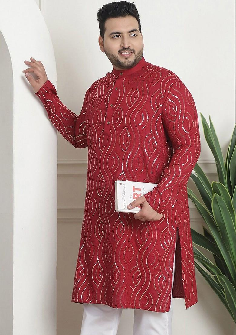 Maroon Embroidered Poly Blend Kurta For Men
