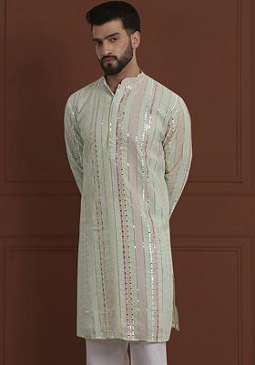 Lime Green Embroidered Poly Blend Kurta For Men