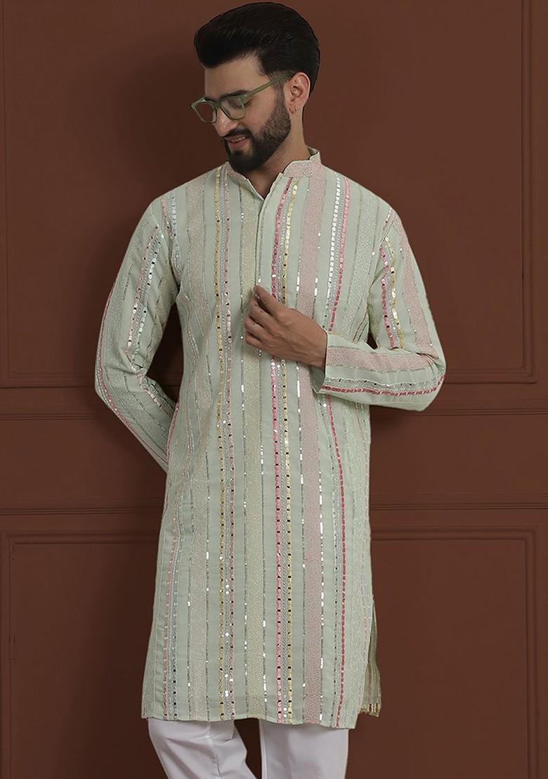 Lime Green Embroidered Poly Blend Kurta For Men