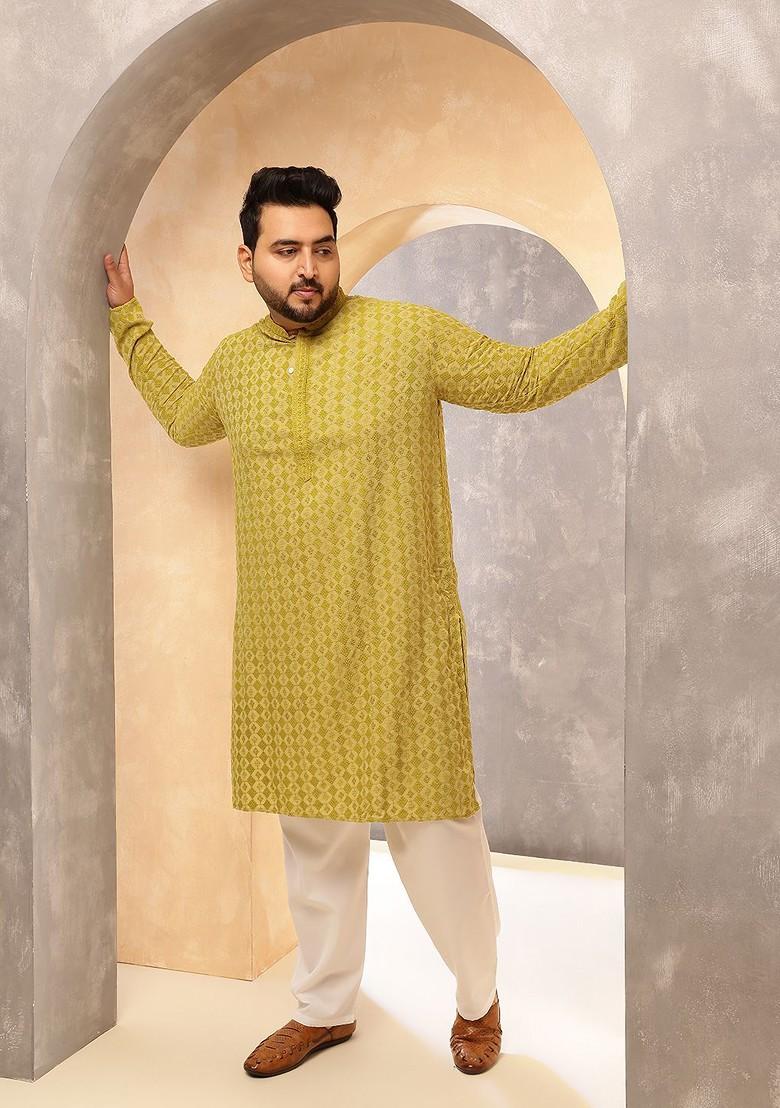 Mustard Embroidered Cotton Kurta For Men