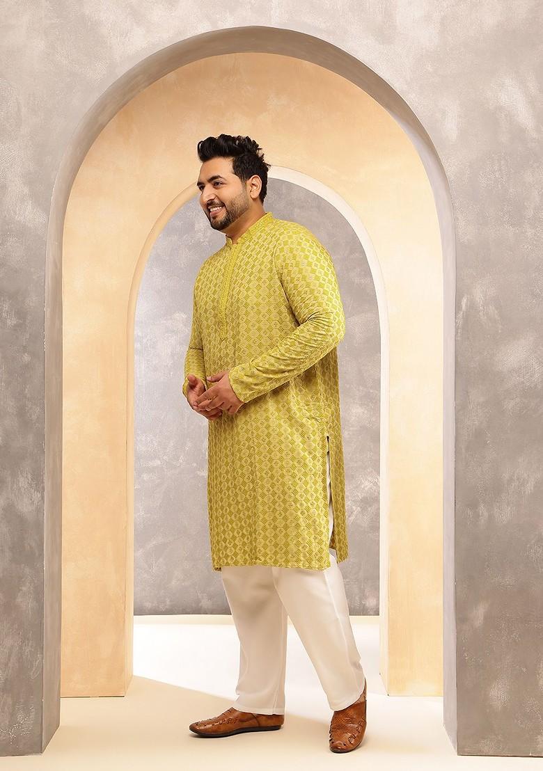 Mustard Embroidered Cotton Kurta For Men