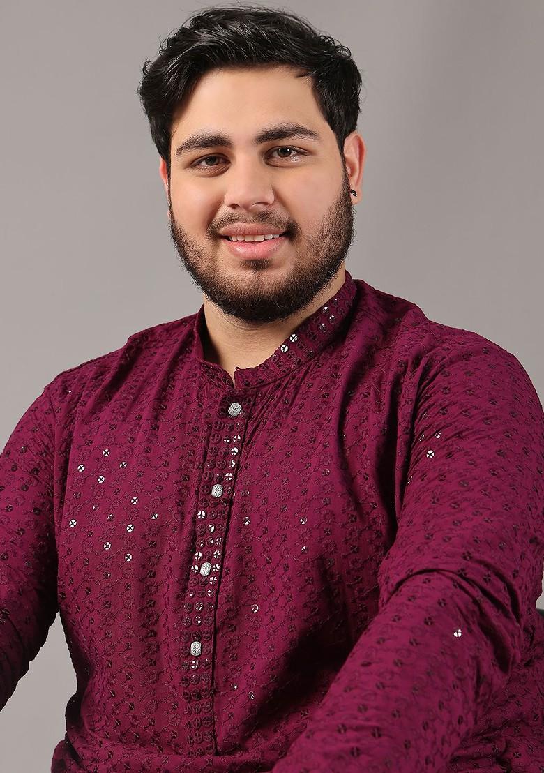 Burgundy Embroidered Cotton Kurta For Men
