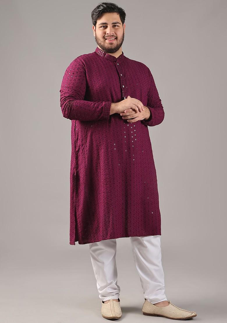 Burgundy Embroidered Cotton Kurta For Men