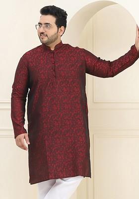 Red Woven Poly Blend Kurta For Men