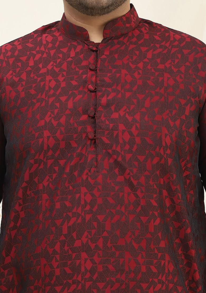Red Woven Poly Blend Kurta For Men
