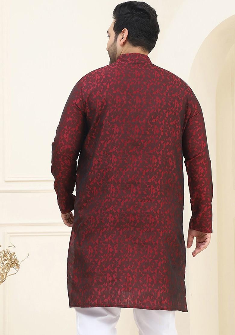 Red Woven Poly Blend Kurta For Men