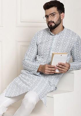 Grey Thread Work Cotton Kurta For Men