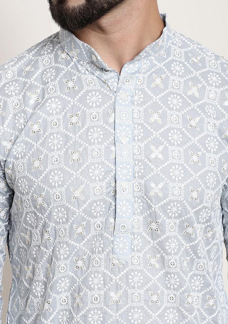 Grey Thread Work Cotton Kurta For Men