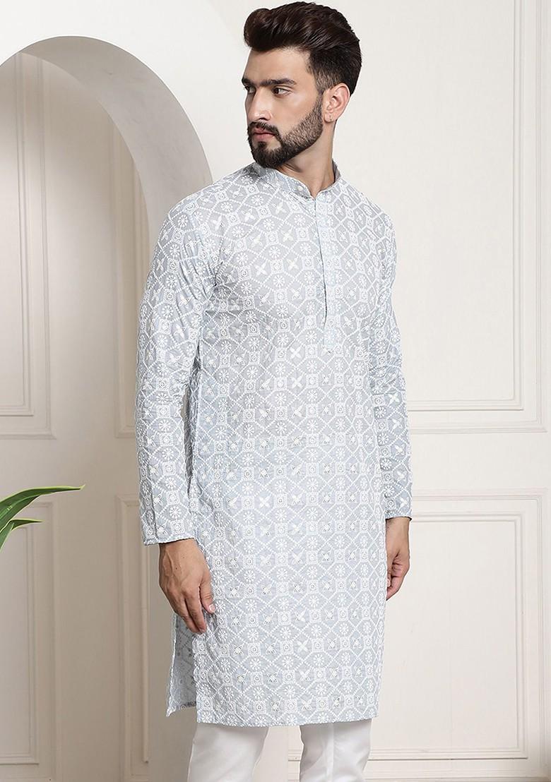 Grey Thread Work Cotton Kurta For Men