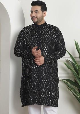 Black Embroidered Cotton Kurta For Men