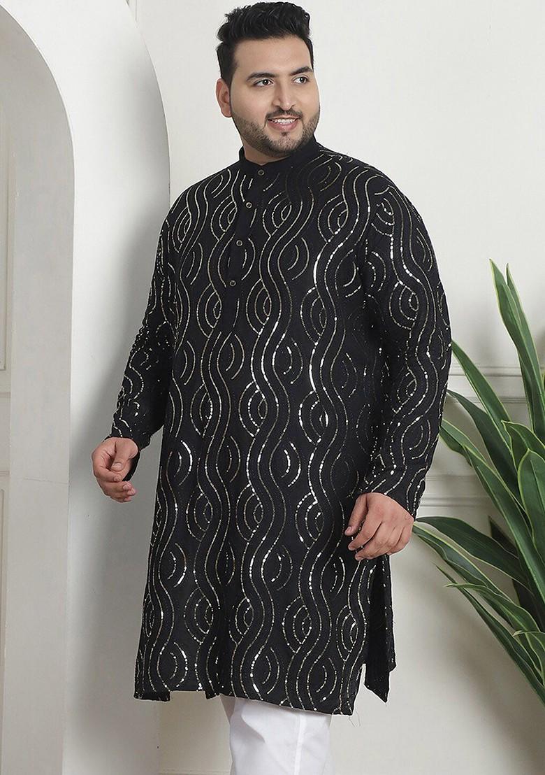 Black Embroidered Cotton Kurta For Men