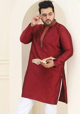Maroon Ethnic Motifs Poly Blend Kurta For Men