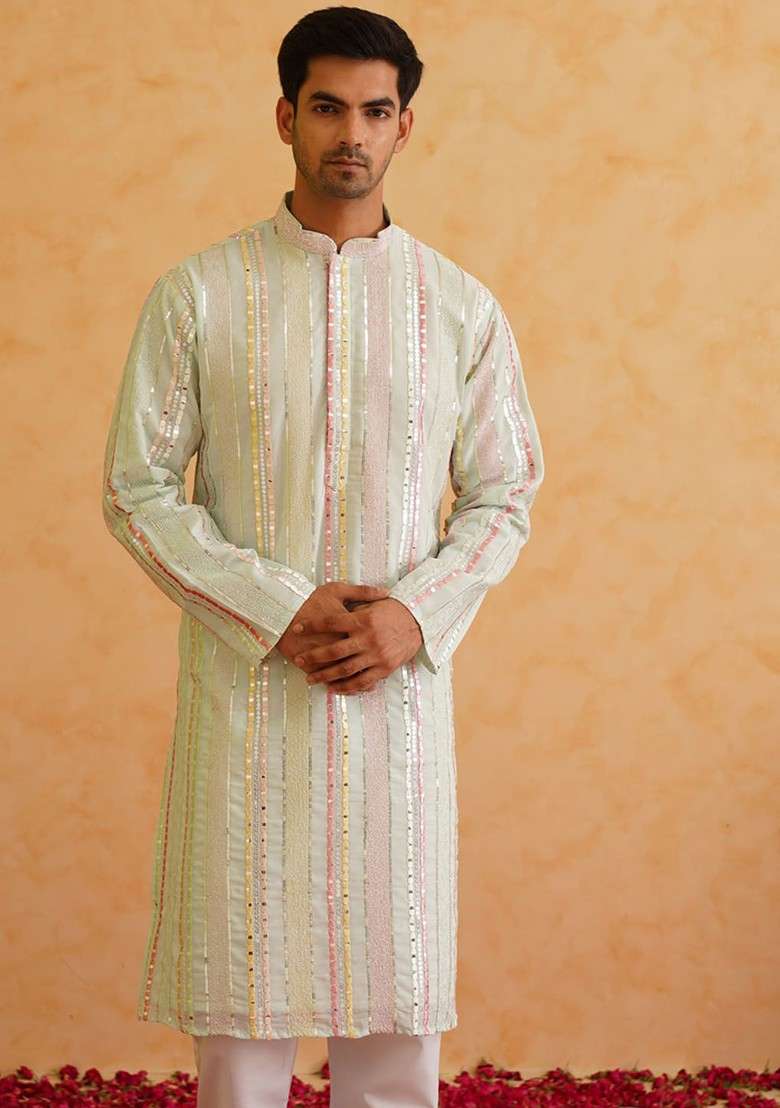 Sea Green Striped Poly Blend Kurta For Men - Indya