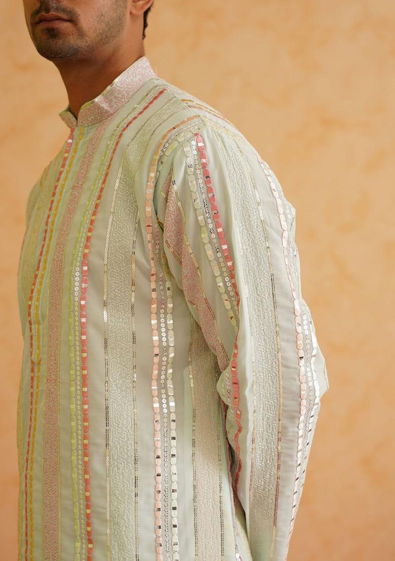 Sea Green Striped Poly Blend Kurta For Men