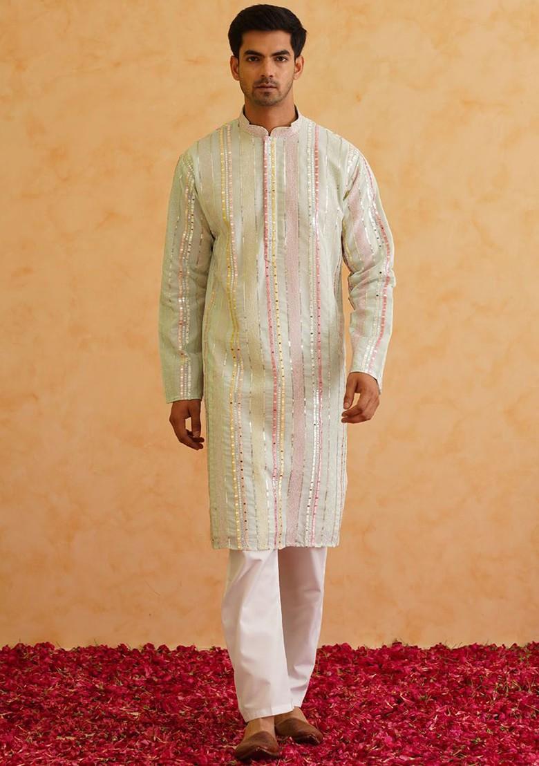 Sea Green Striped Poly Blend Kurta For Men
