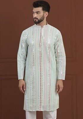 Sea Green Striped Poly Blend Kurta For Men