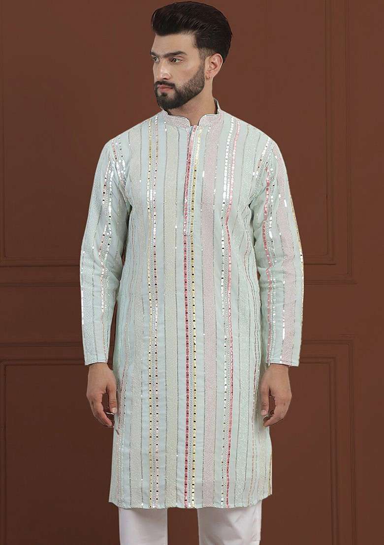 Sea Green Striped Poly Blend Kurta For Men - Indya