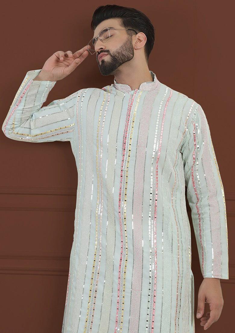 Sea Green Striped Poly Blend Kurta For Men