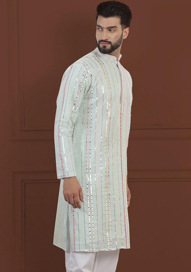 Sea Green Striped Poly Blend Kurta For Men