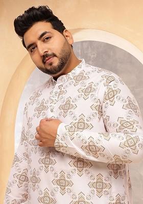 White Printed Poly Blend Kurta For Men