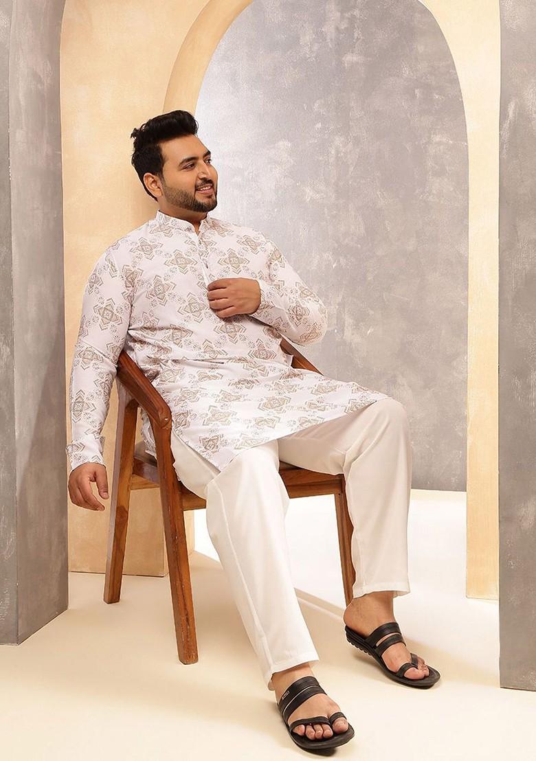 White Printed Poly Blend Kurta For Men