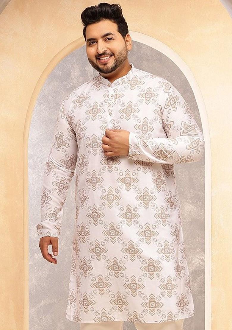White Printed Poly Blend Kurta For Men