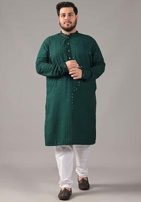 Green Embroidered Cotton Kurta For Men
