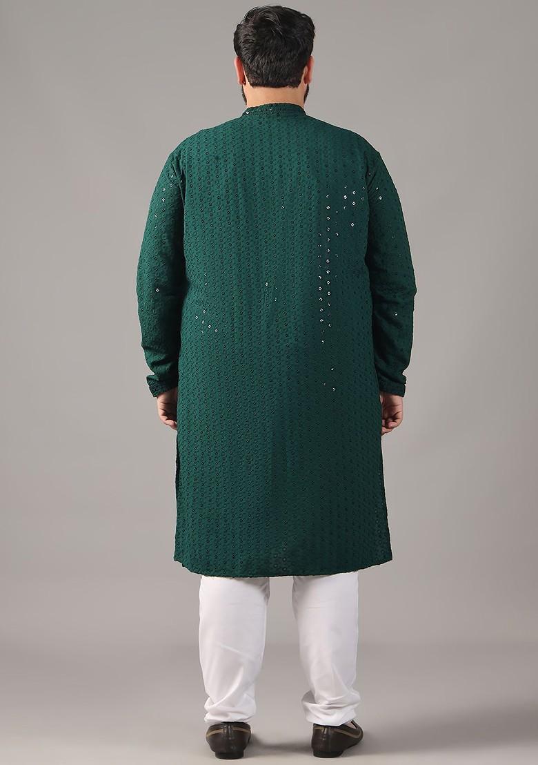 Green Embroidered Cotton Kurta For Men