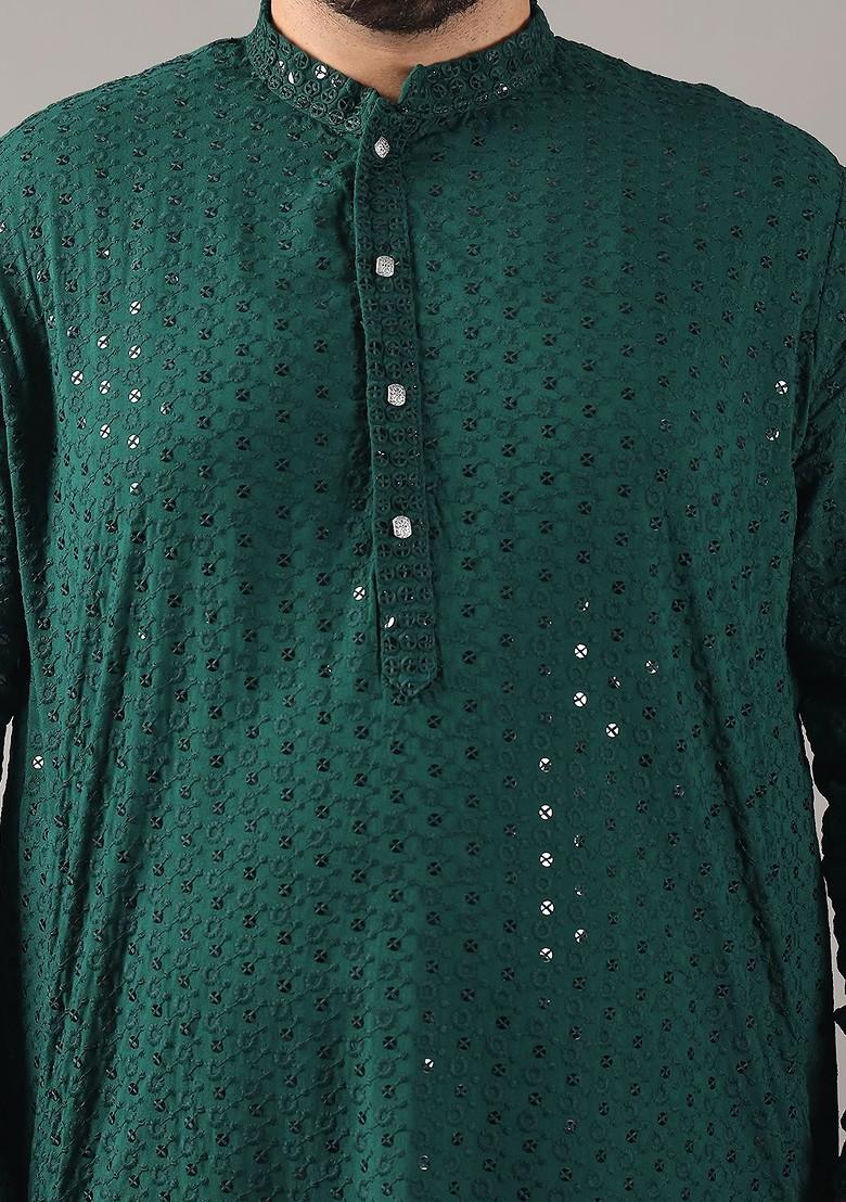 Green Embroidered Cotton Kurta For Men