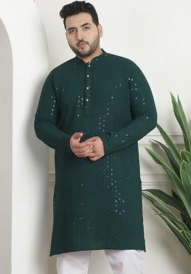 Green Embellished Cotton Kurta For Men
