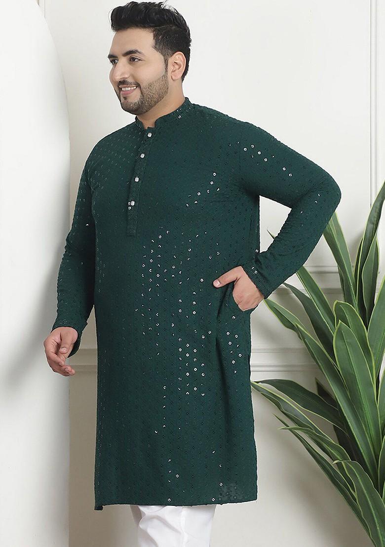 Green Embellished Cotton Kurta For Men