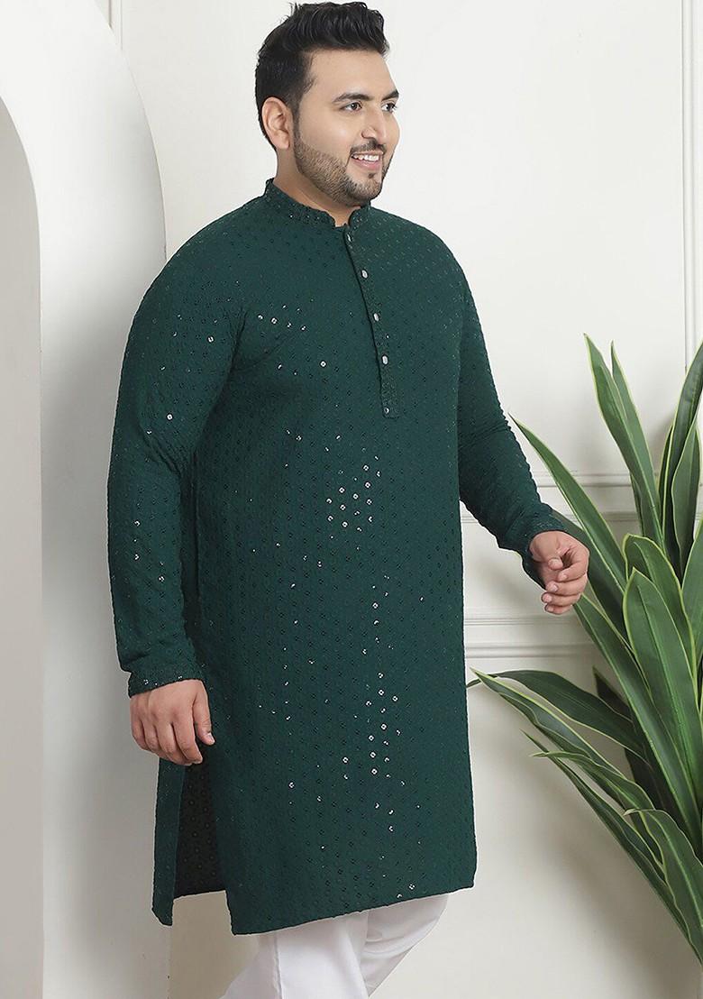 Green Embellished Cotton Kurta For Men