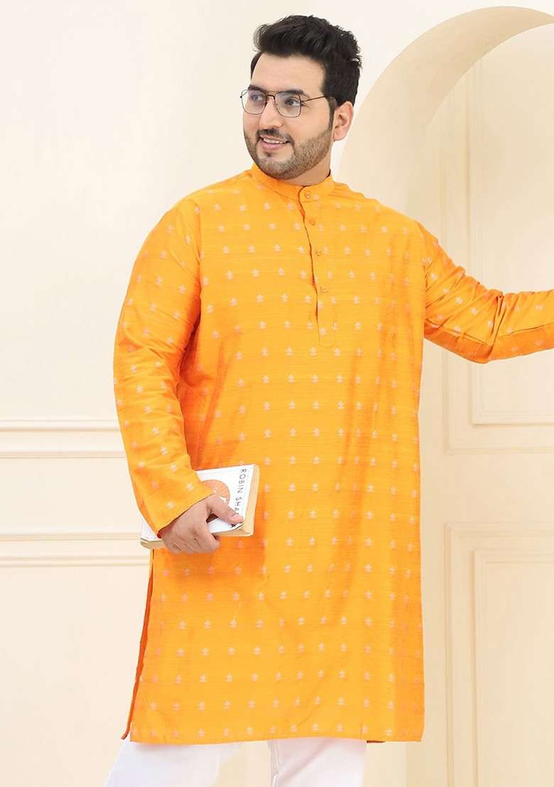 Orange Woven Jacquard Kurta For Men - Indya