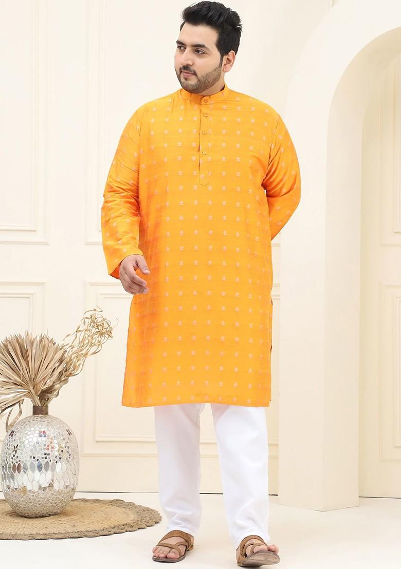 Orange Woven Jacquard Kurta For Men