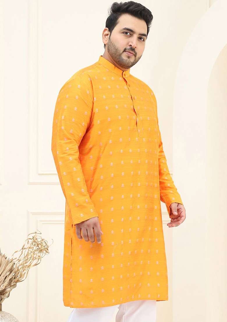 Orange Woven Jacquard Kurta For Men - Indya
