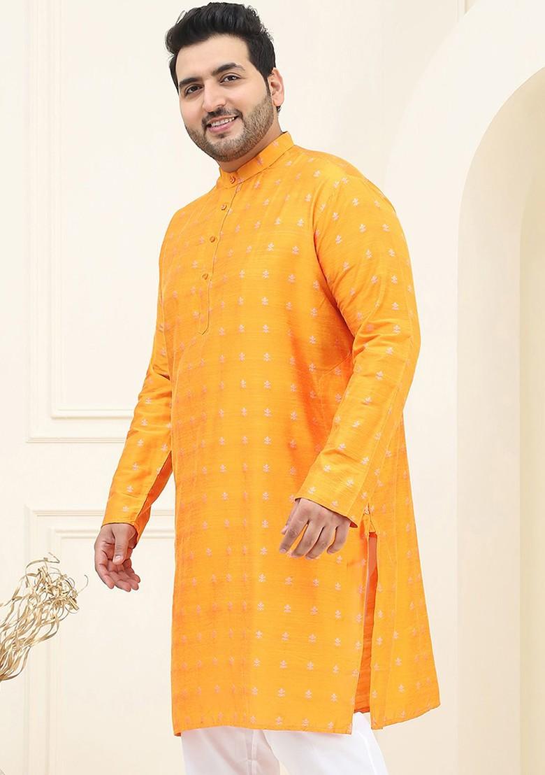 Orange Woven Jacquard Kurta For Men