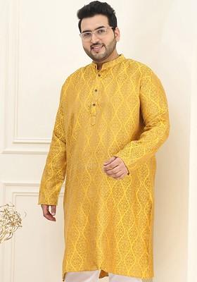 Mustard Woven Silk Kurta For Men