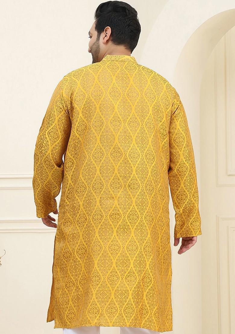Mustard Woven Silk Kurta For Men
