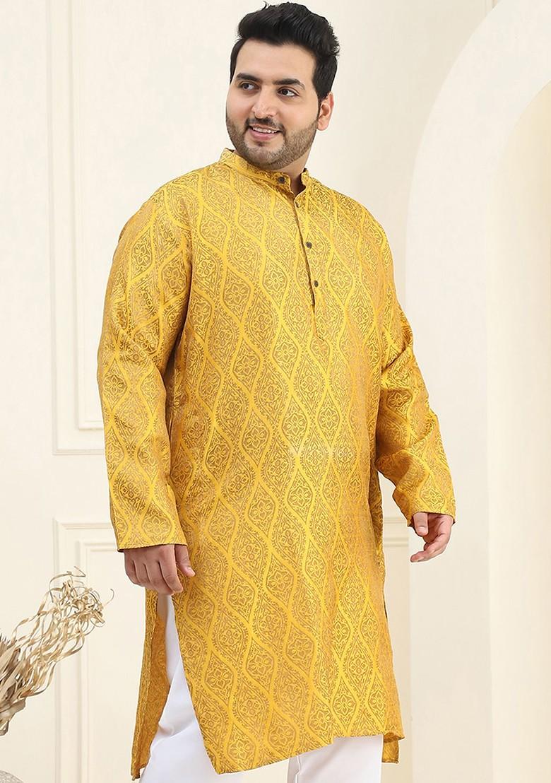Mustard Woven Silk Kurta For Men