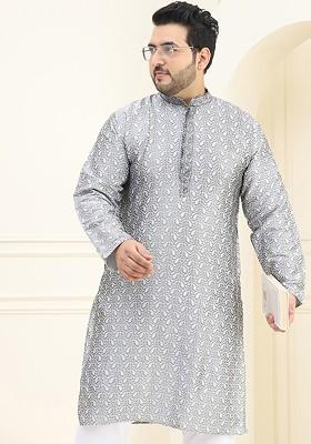 Grey Thread Work Poly Blend Kurta For Men
