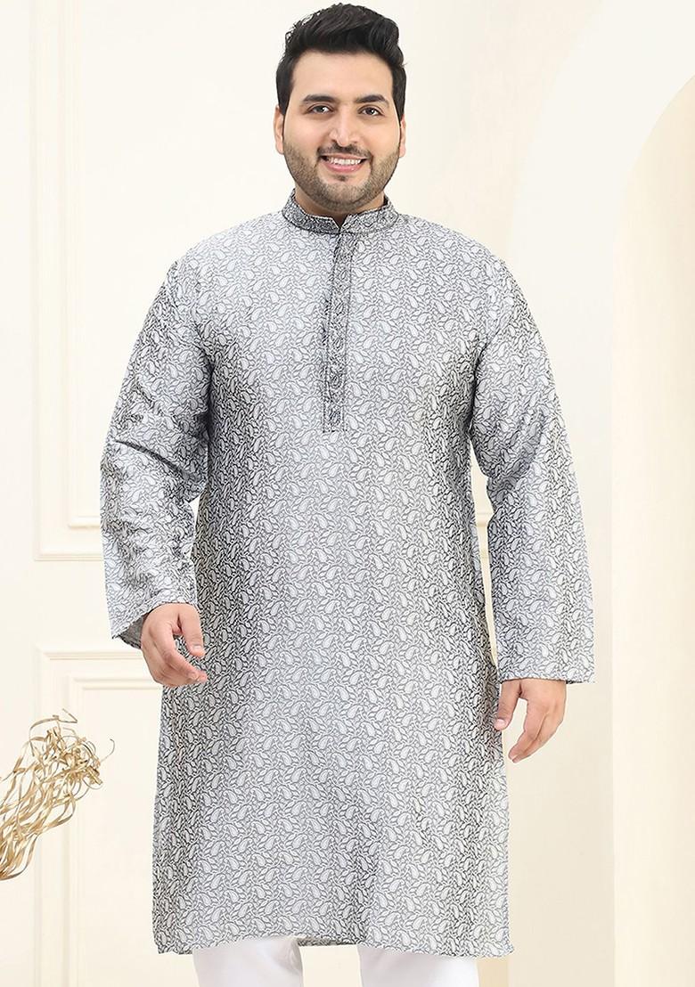 Grey Thread Work Poly Blend Kurta For Men