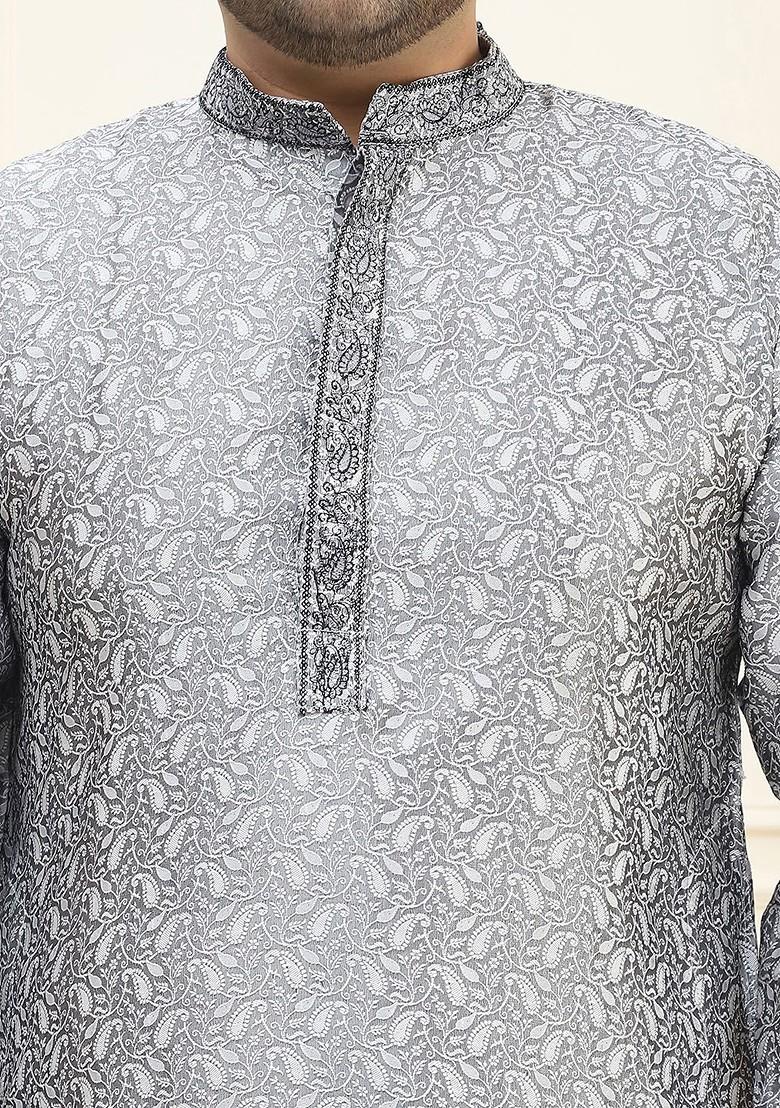 Grey Thread Work Poly Blend Kurta For Men
