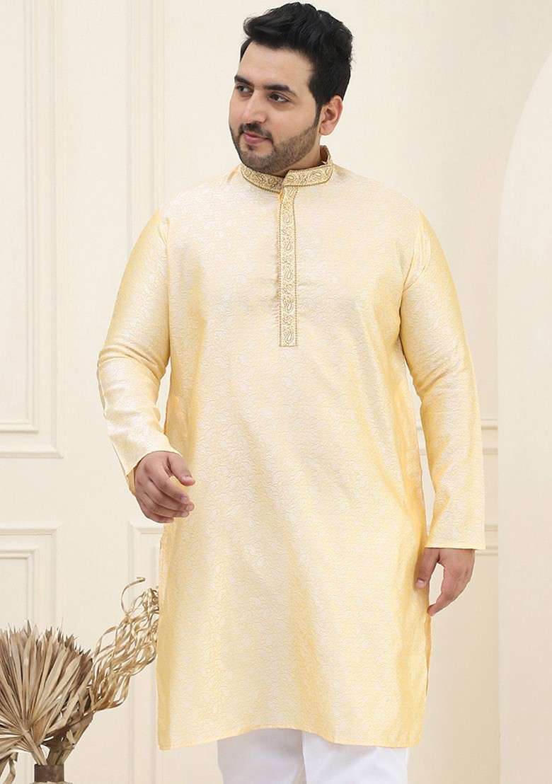 Gold Woven Poly Blend Kurta For Men - Indya