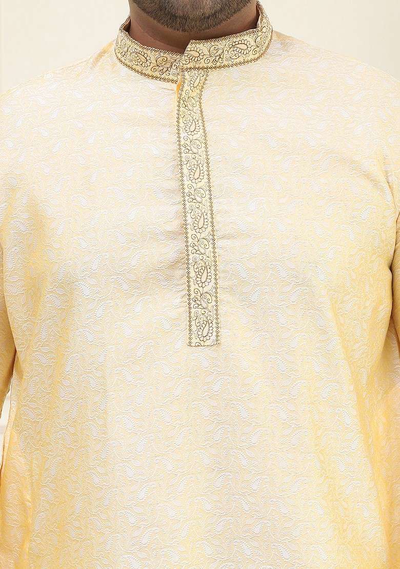 Gold Woven Poly Blend Kurta For Men - Indya