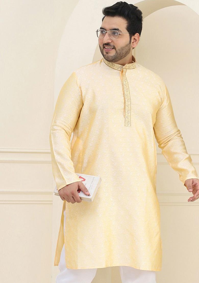 Gold Woven Poly Blend Kurta For Men