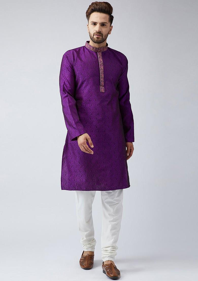 Purple Embellished Poly Blend Kurta For Men