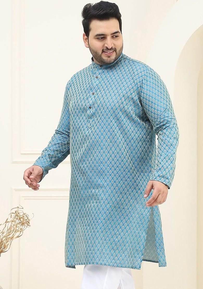 Blue Ethnic Motifs Poly Blend Kurta For Men