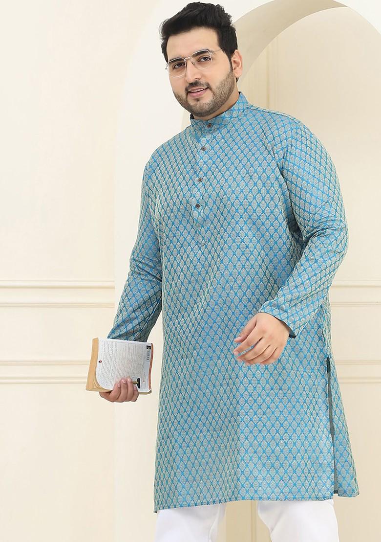 Blue Ethnic Motifs Poly Blend Kurta For Men